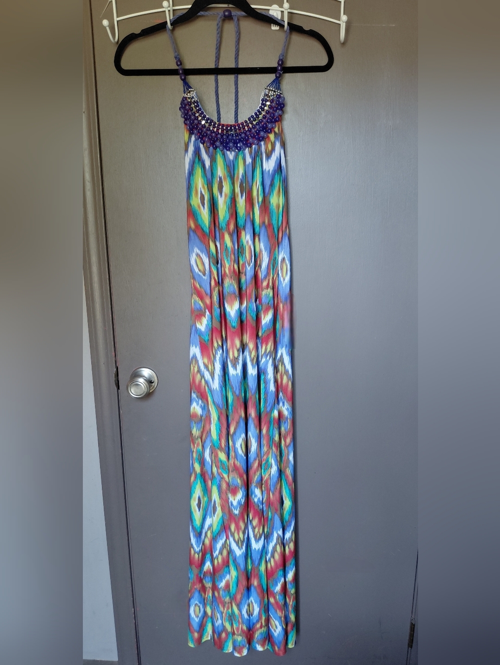 Derek Heart Multicolor Ikat Halter Dress with Purple Rope Straps